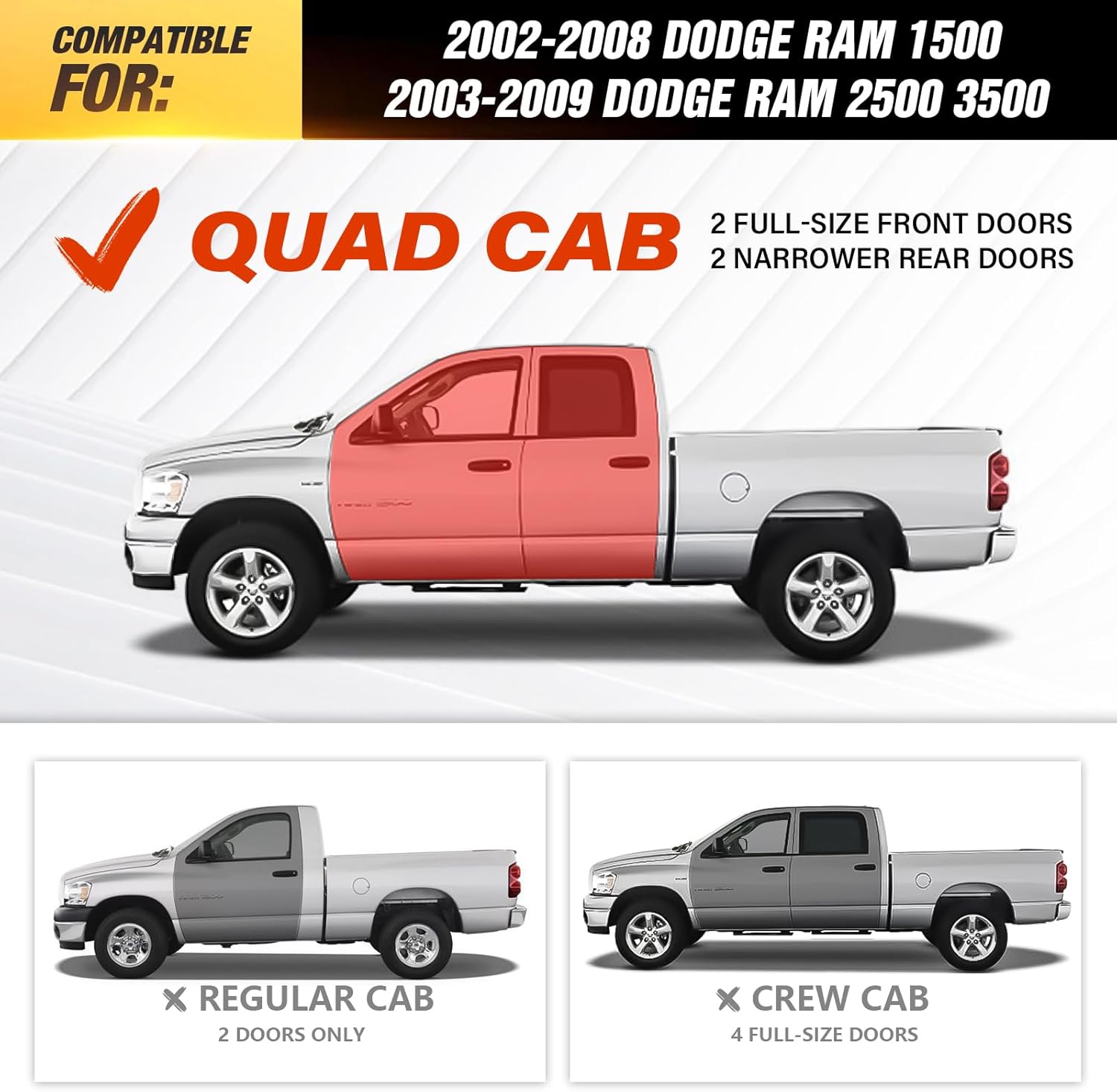 Two Raised Steps Quad Cab Running Boards Compatible for 2002-2008 Dodge Ram 1500, 2003-2009 Ram 2500 3500 Double/Extended Cab Side Steps Rails Nerf Bar Two Stairs Design (Bolt on)