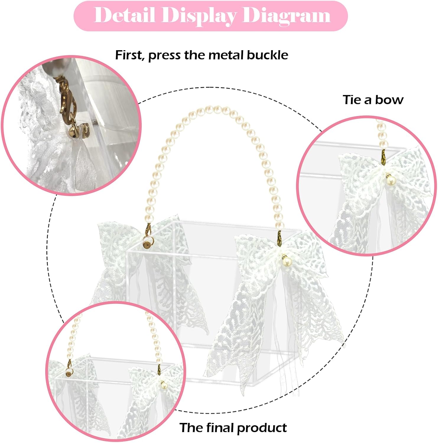 Flower Girl Basket Acrylic Flower Basket with Pearl Handle Clear Flower Holder for Confetti with Handmade Lace Bow Decoration
