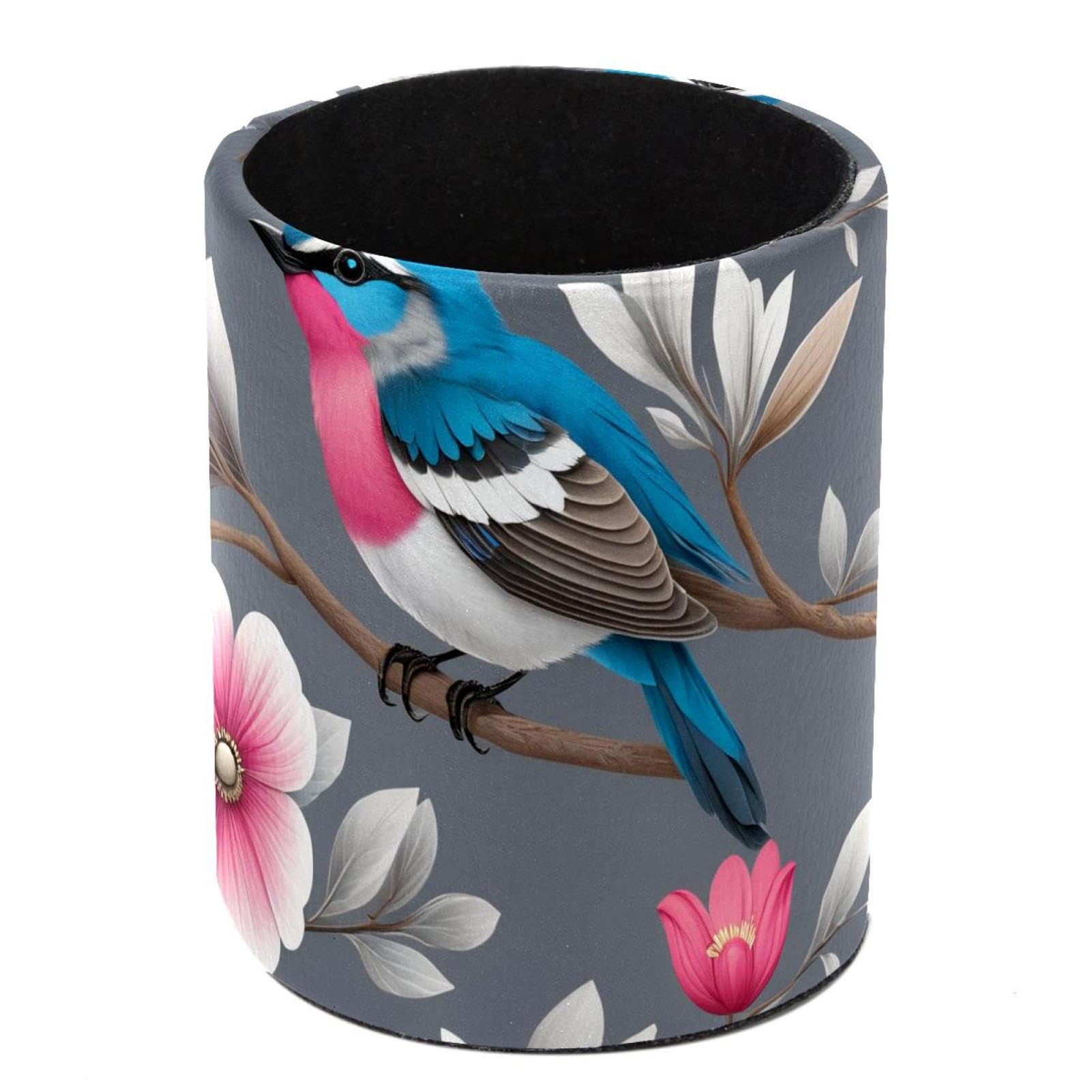 HEOEH Hummingbird Floral Pen Holder for Desk, PU Leather Pencil Holder Pen Cup Marker Holder Makeup Brush Holders, Desk Accessories & Workspace Organizers for Home, Office