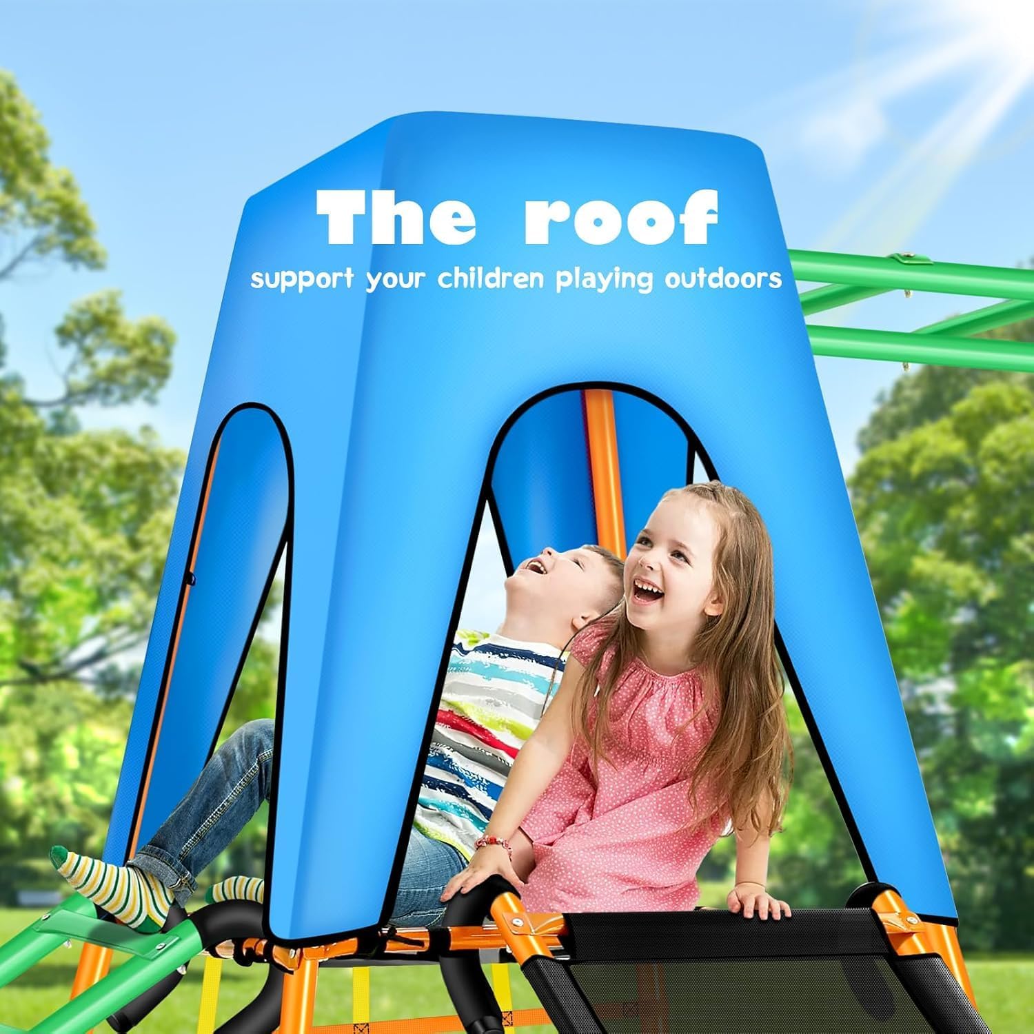 Outdoor Climbing Toys for Kids Swing Sets for Backyard, All-in-One Kids Outdoor Play Equipment with Swings, Slide, Climbing Ladder, Ball Pit and Roof, Outdoor Playset.