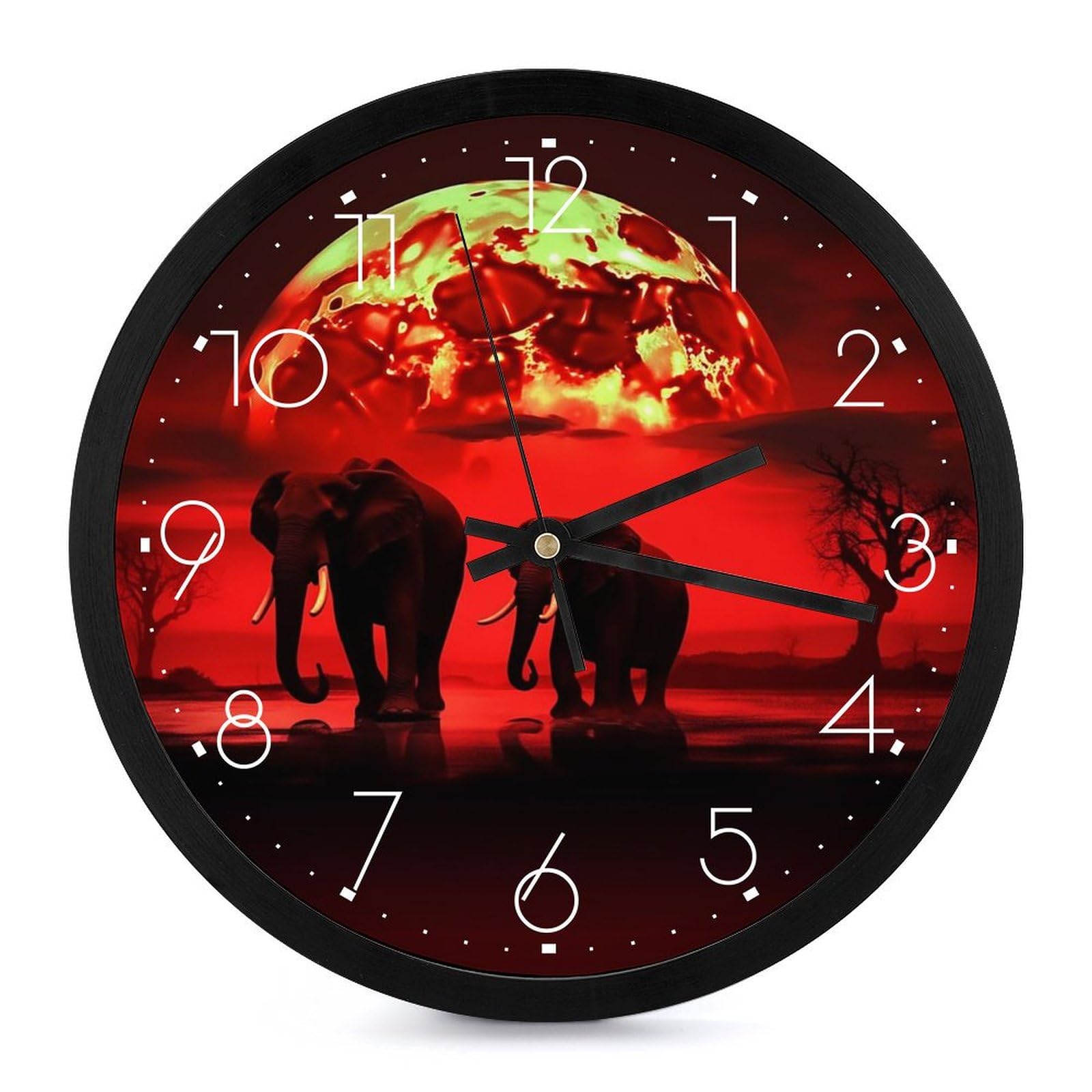 Horloge éléphants silencieuse sans tic-tac ronde lune rouge 25cm