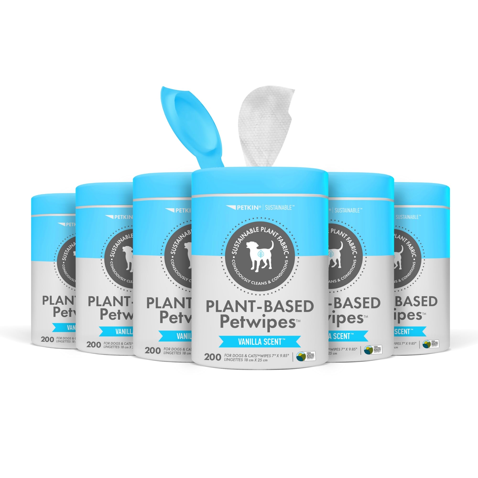 Petkin Toallitas para mascotas a base de plantas, 200 toallitas, 6 unidades, toallitas biológicas y sostenibles para mascotas para perros y gatos, para cara, patas, orejas, cuerpo y zona de los ojos,