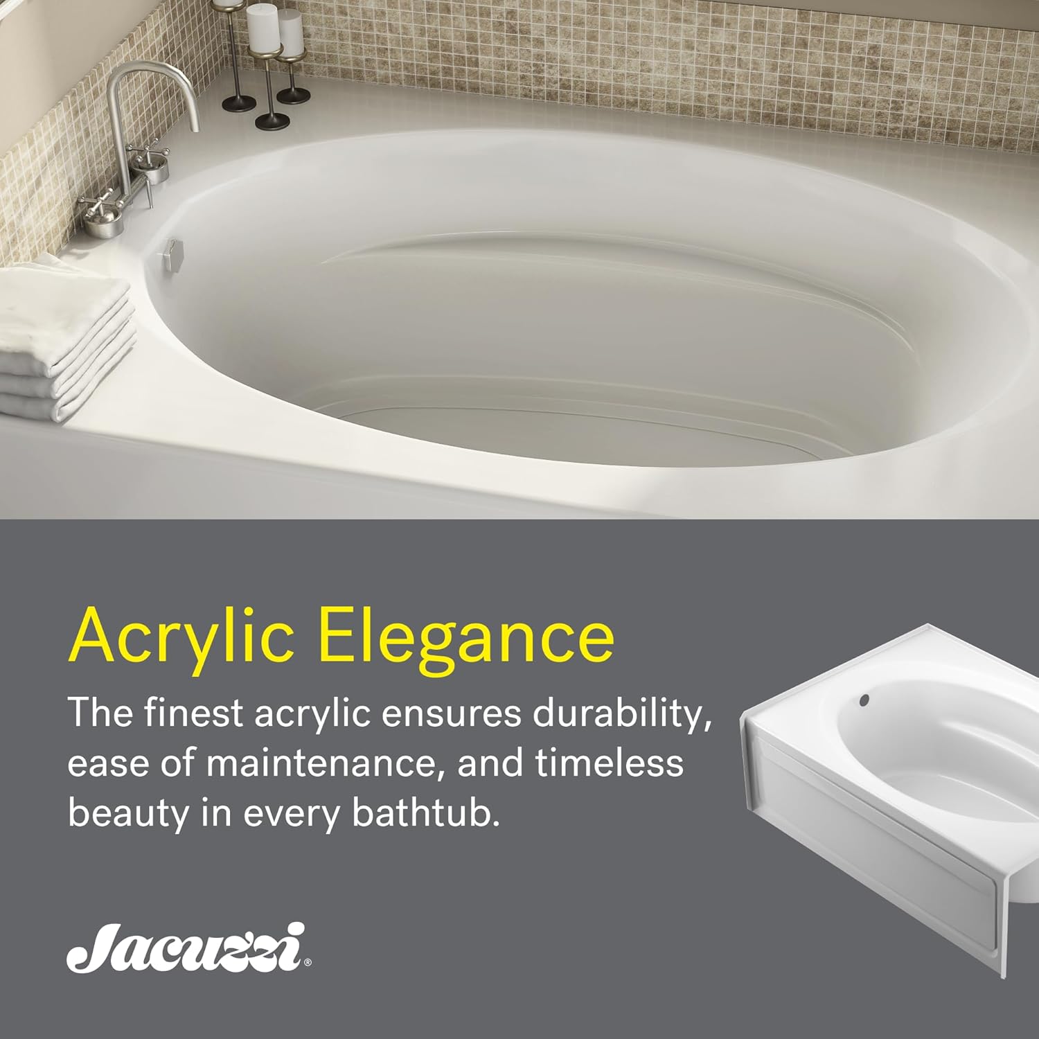 JACUZZI SIGNATURE Acrylic Skirted Soaking Bathtub, Slip Resistant, Right Drain Placement, 60” (L) x 42” (W), Oval in Rectangle Design, White