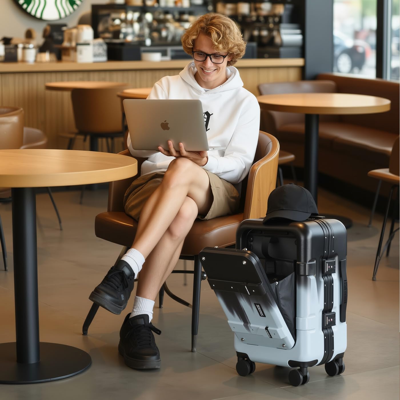 20 Inch Front-Opening Carry On Luggage, Ultra-Durable PC Shell with Reinforced 440G Aluminum Frame & TSA Lock, USB Port, 360° Silent Wheels for Air Travel(Clash Blue)