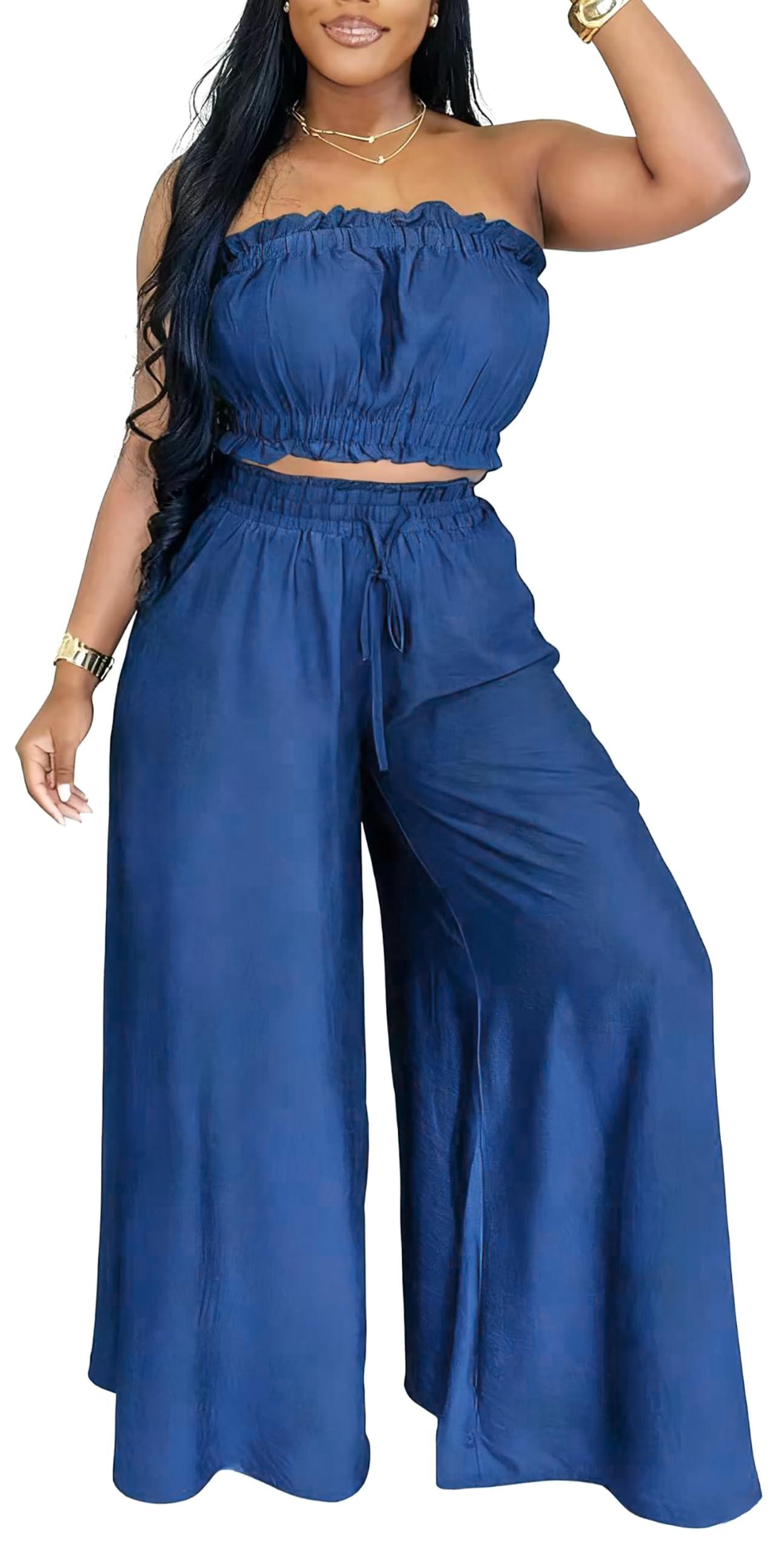 Two Piece Sets for Women Summer Outfits Crop Tops and Wide Leg Pants Sets Sexy Jumpsuits Vacation Outfits with Pockets
