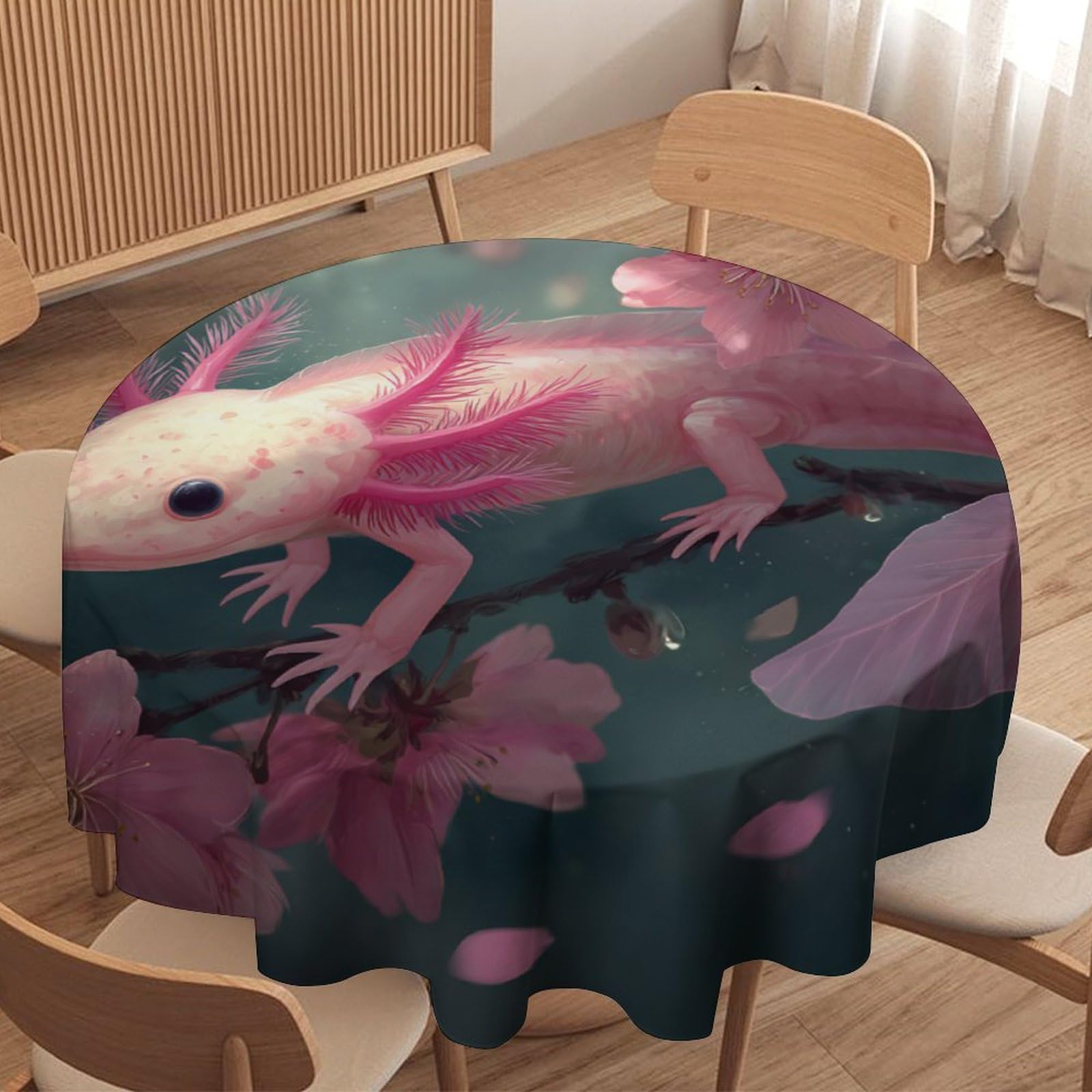 LUYYSKY Beautiful Rustic Cute Axolotl Waterproof Round Tablecloth Abstract Japanese Anime Cherry Blossom Flowers Animal Axolotl Washable Table Cover for Kitchen-127 Wx127 L cm