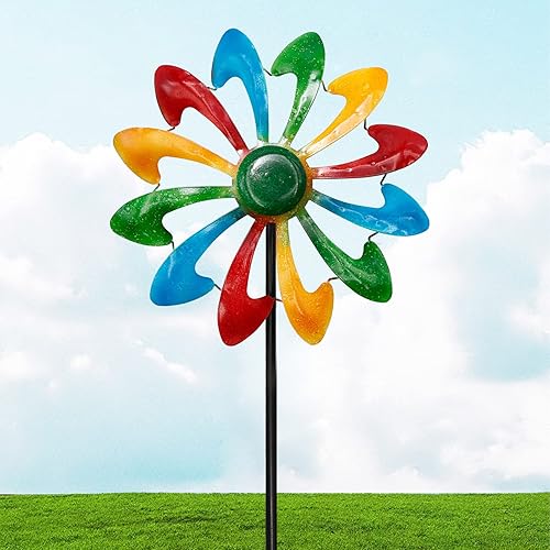Miniatura 3 de Molinos de viento de metal de 11.41 pulgadas, molinos de viento de flores de arcoíris, decoración de césped para patio, jardín, granja, regalo
