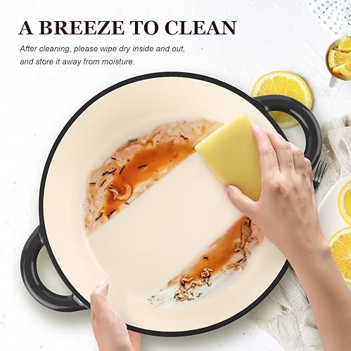 Vista 73 de Overmont Horno holandés de hierro fundido esmaltado de 5.5 cuartos de galón con tapa, cacerola resistente con asas dobles para estofar, guisos