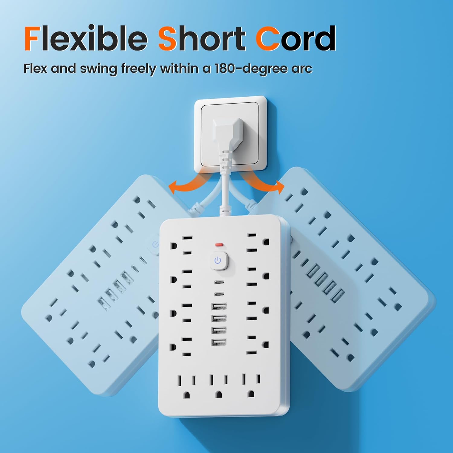 Surge Protector Power Strip - Chiefway Flat Extension Cord with Multiple Outlets: 11 AC Outlets & 6 USB Ports (2 USB C), Short Cord Outlet Extender, Wall Mountable for Office Home Travel Dorm