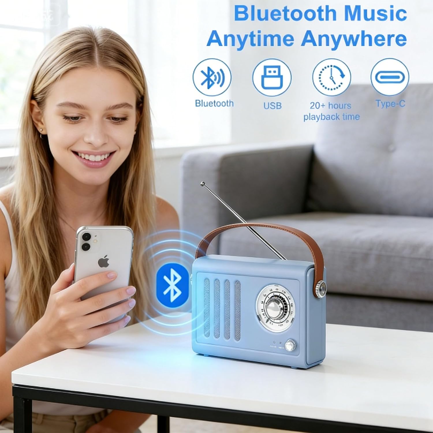 Retro Bluetooth Speaker with FM Radio – Portable Vintage Radio Speaker, Over 20 Hours Battery Life Speaker with Subwoofer,Type-C Charging for Home, Office & Outdoor Use(Light Blue)