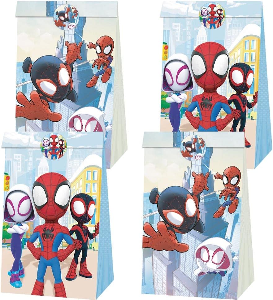16Pcs Spidey Party Favor Goodie Bag with Handle Spiderman Kraft Paper Bag for Spider and Amazing Friends Themed Kids Adults Birthday Party Supplies Decorations