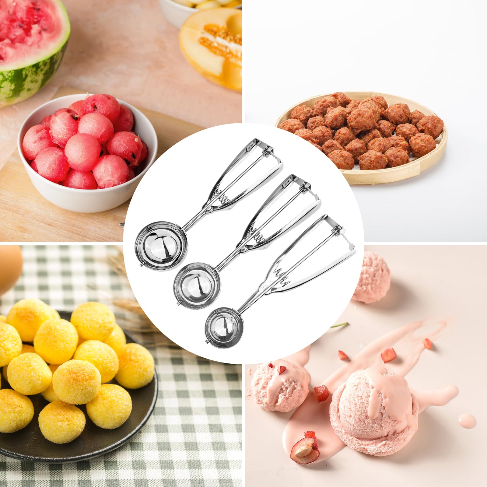 Cucchiaio per Gelato in Acciaio Inox 3 Pezzi, Dosatore Gelato 4-6 cm, Paletta con Grilletto
