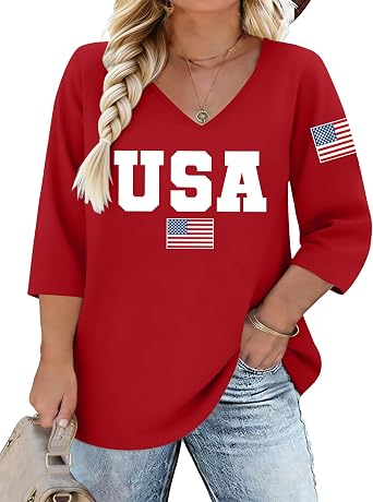 Plus Size 4th of July Shirts Women 250th Anniversary USA Shirt 1776 American Flag Patriotic Tee V Neck 3/4 Sleeve Tops