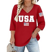 Plus Size 4th of July Shirts Women 250th Anniversary USA Shirt 1776 American Flag Patriotic Tee V Neck 3/4 Sleeve Tops