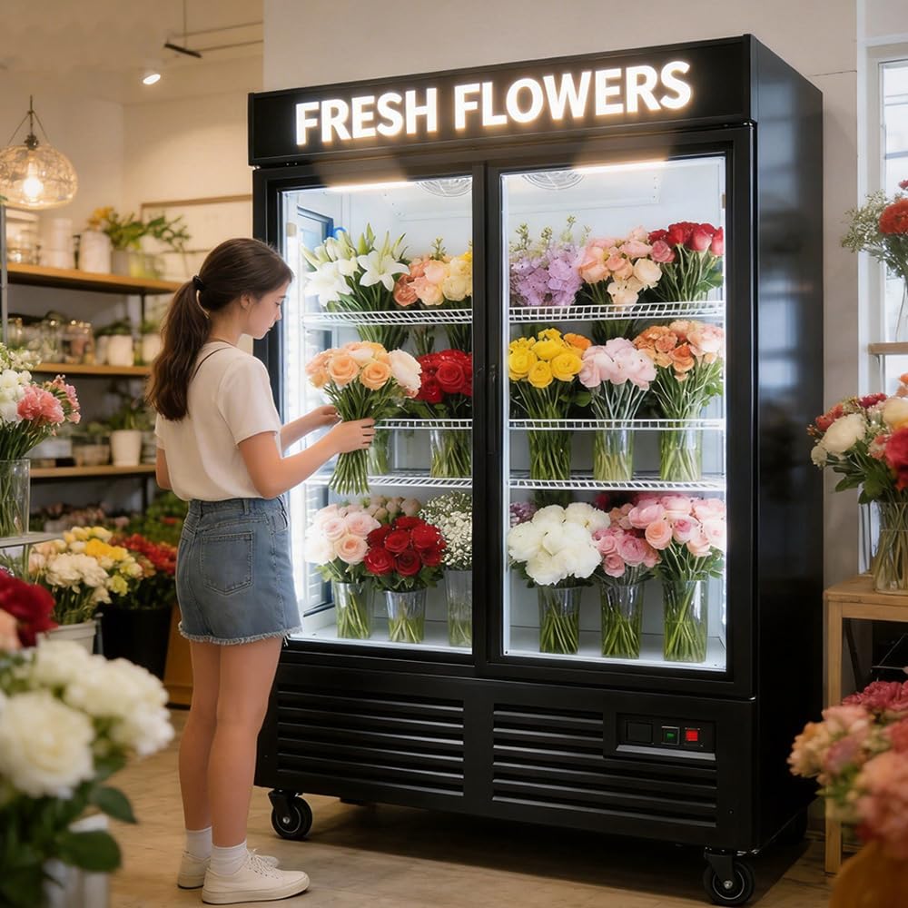 Nafcoool Commercial Flower Beverage Cooler Floral Display Fridge,Glass Door Drink Refrigerator With LED Light Adjustable Shelves,Etl Sanitation,Wheels Included,43 Cu Ft,47" Wide,Wheels Included on Fridge.com - View 2