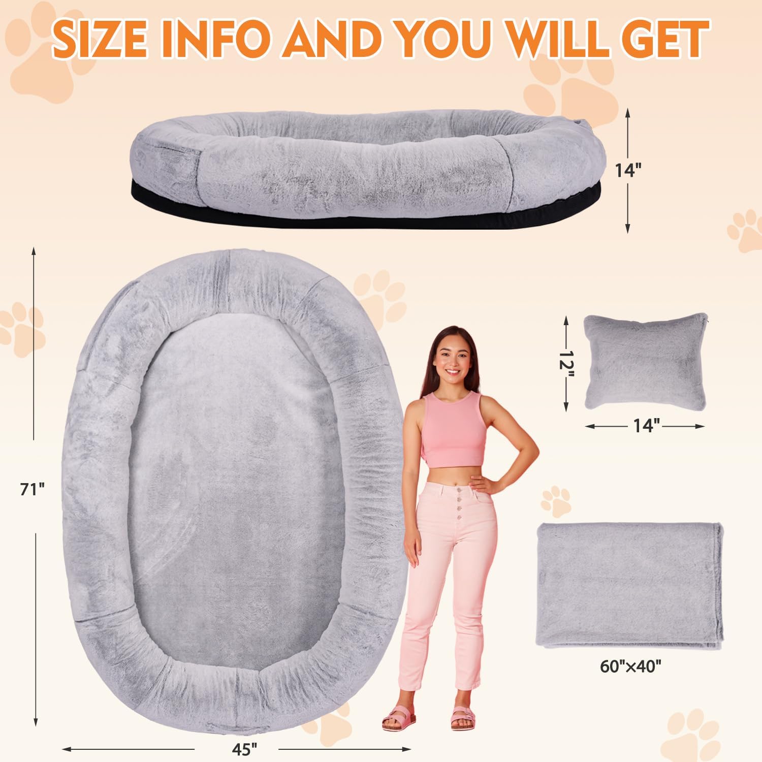 Human Dog Bed for Adults and Pets,71"x45"x14" Human Size Giant Dog Bed,Washable Faux Fur Cover Napping Orthopedic Bean Bag Bed for Humans with Blanket and Pillow,Gray
