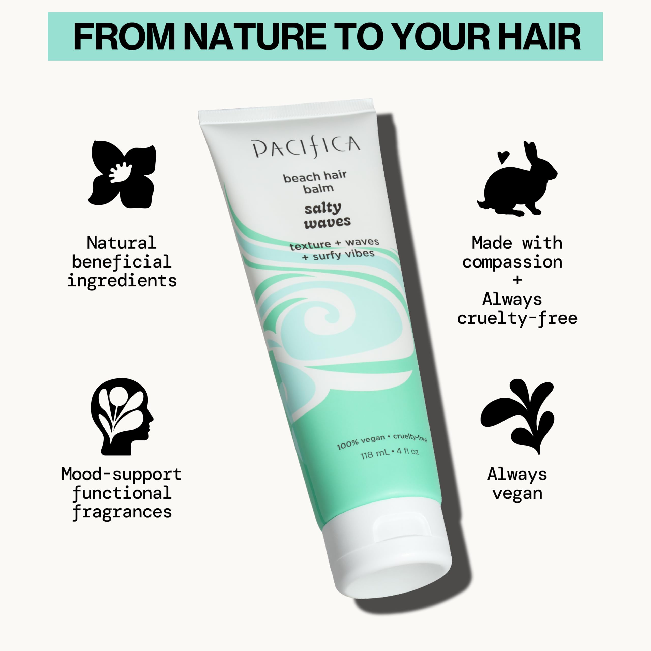 Pacifica Salty Waves Beach Hair Balm, 5-in-1 Styling Balm Designed to Hydrate & Nourish Hair, Vegan & Cruelty-Free, 4 Fl Oz
