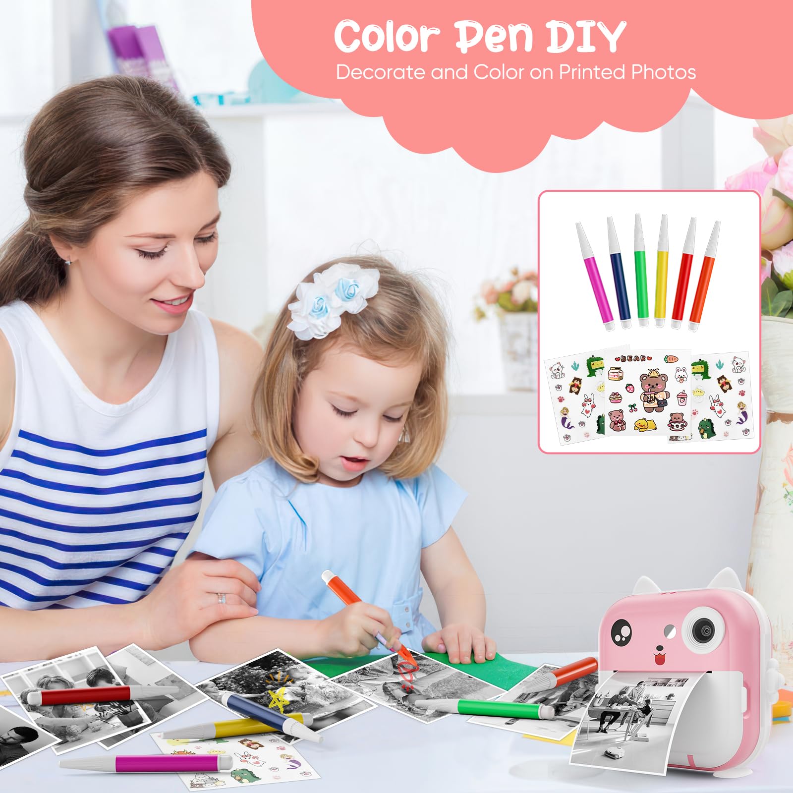 Macchina Fotografica Bambini Istantanea, Potuem 2.4 Pollici Digitale Fotocamera Bambini con 32GB Scheda TF, 6 Penne Colorate, 24MP/1080P Fotocamera Istantanea per Bambini, Regalo di Compleanno