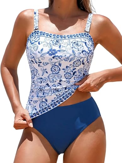 ZAFUL Women's Tummy Control Tankini Swimsuits, Floral Print Two Piece High Waisted Bathing Suits Full Coverage Bikini Bottoms