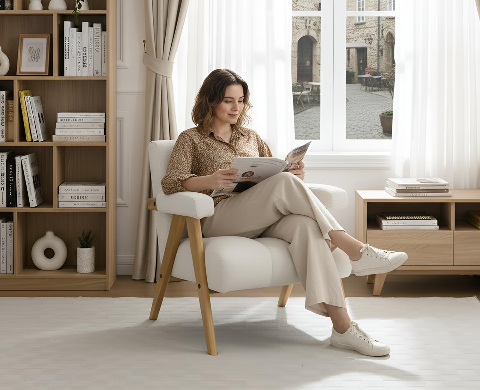 chairus Sillón de Chenilla para Salón Sillón Acolchado con Patas de Madera, Silla Relax con Brazos Butaca de Lectura para Sala de Estar/Dormitorio, Avena