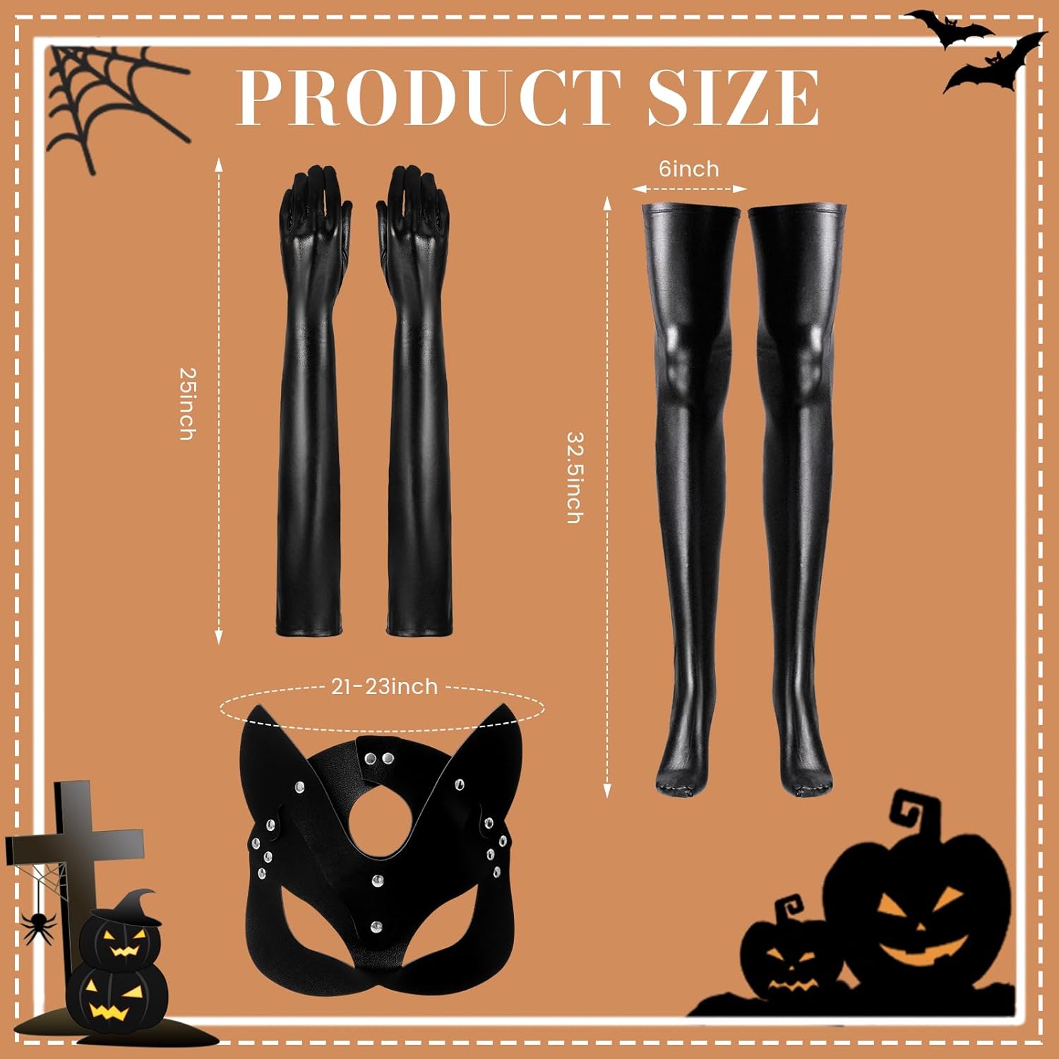 Geyoga 4 Pcs PU Cat Cosplay Accessory for Women PU Leather Glove Cat Mask Thigh High Stockings Slip Dress for Party