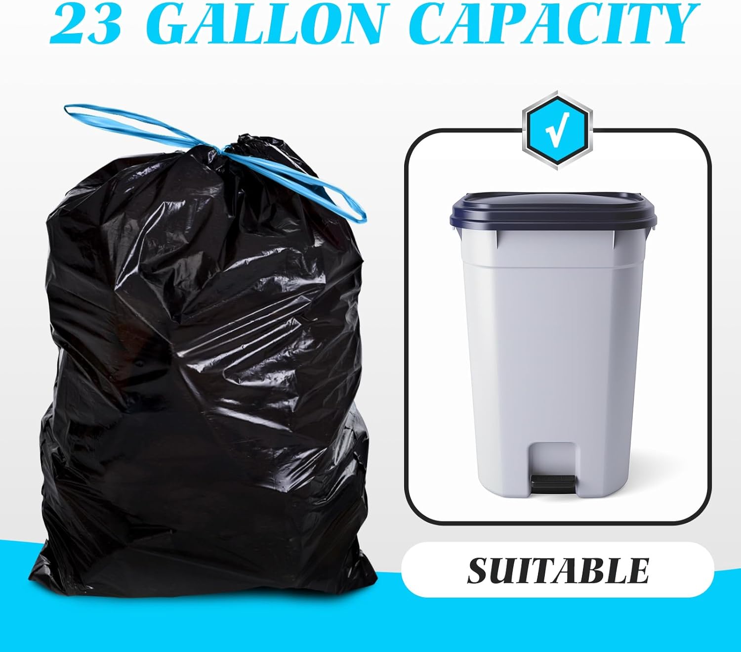 Teivio 23 Gallon Drawstring Trash Bags, 120 Counts, Fit 23 Gallon Rubbermaid Slim Jim Can & 22-25 Gal Tall Kitchen Trash Can，Large Plastic Waste Bin Liners for Home Office Daily Household Use, Black