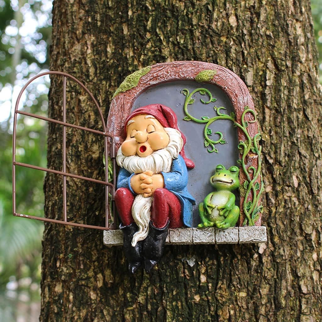 Tree Faces Decor Garden Bird Feeders Outdoor Hanging Gnomes Cartoon Welcome Statues Garden Art Peeker Deco for Chrismas Easter Halloween Decoration… (Green)
