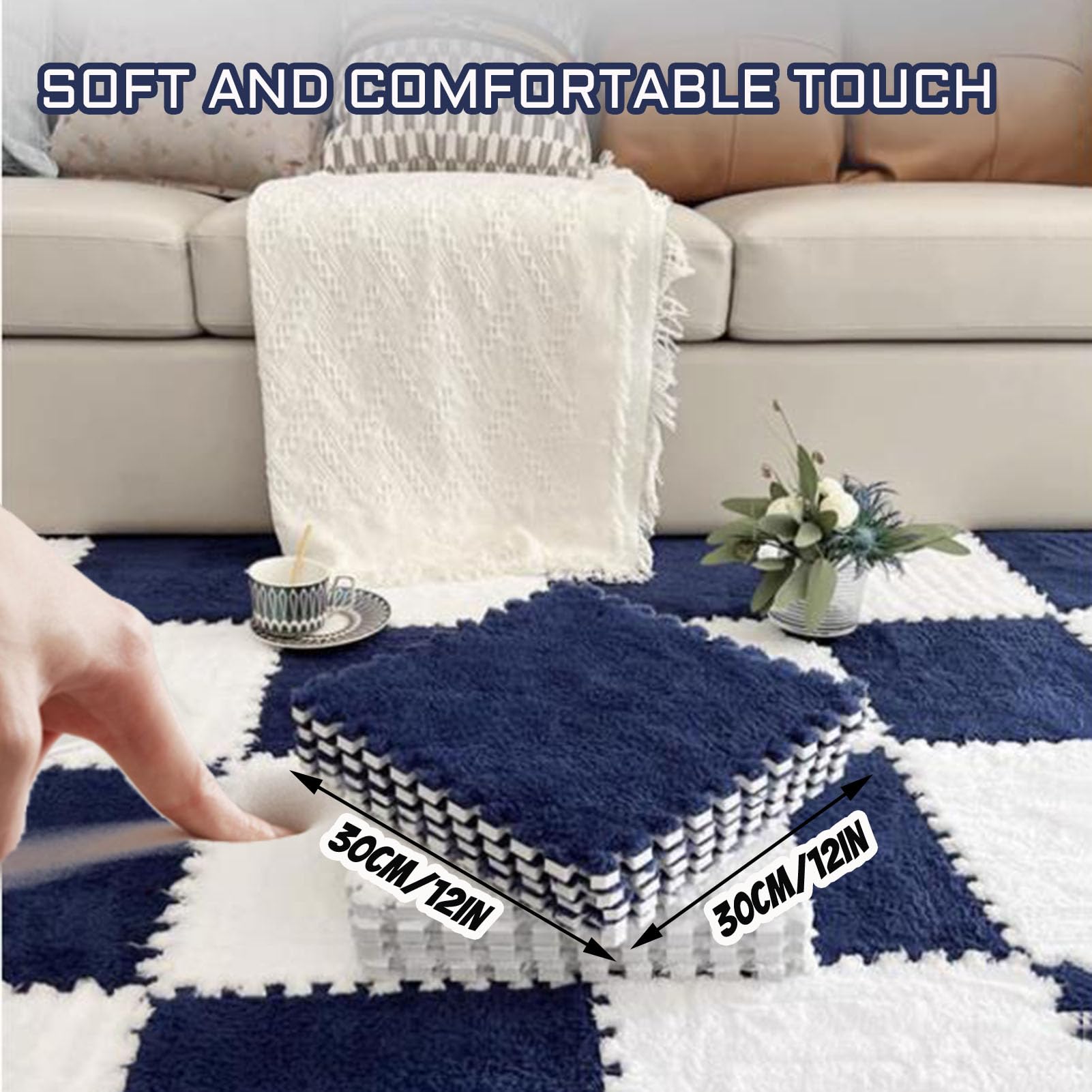 Piastrelle per Moquette ad Incastro Splice, Tappetino in Schiuma di Peluche, 64 tappetini Puzzle di Peluche, Blocchi di Tappetino Puzzle di Peluche Soffici tappeti in SCH,Light Coffee+White