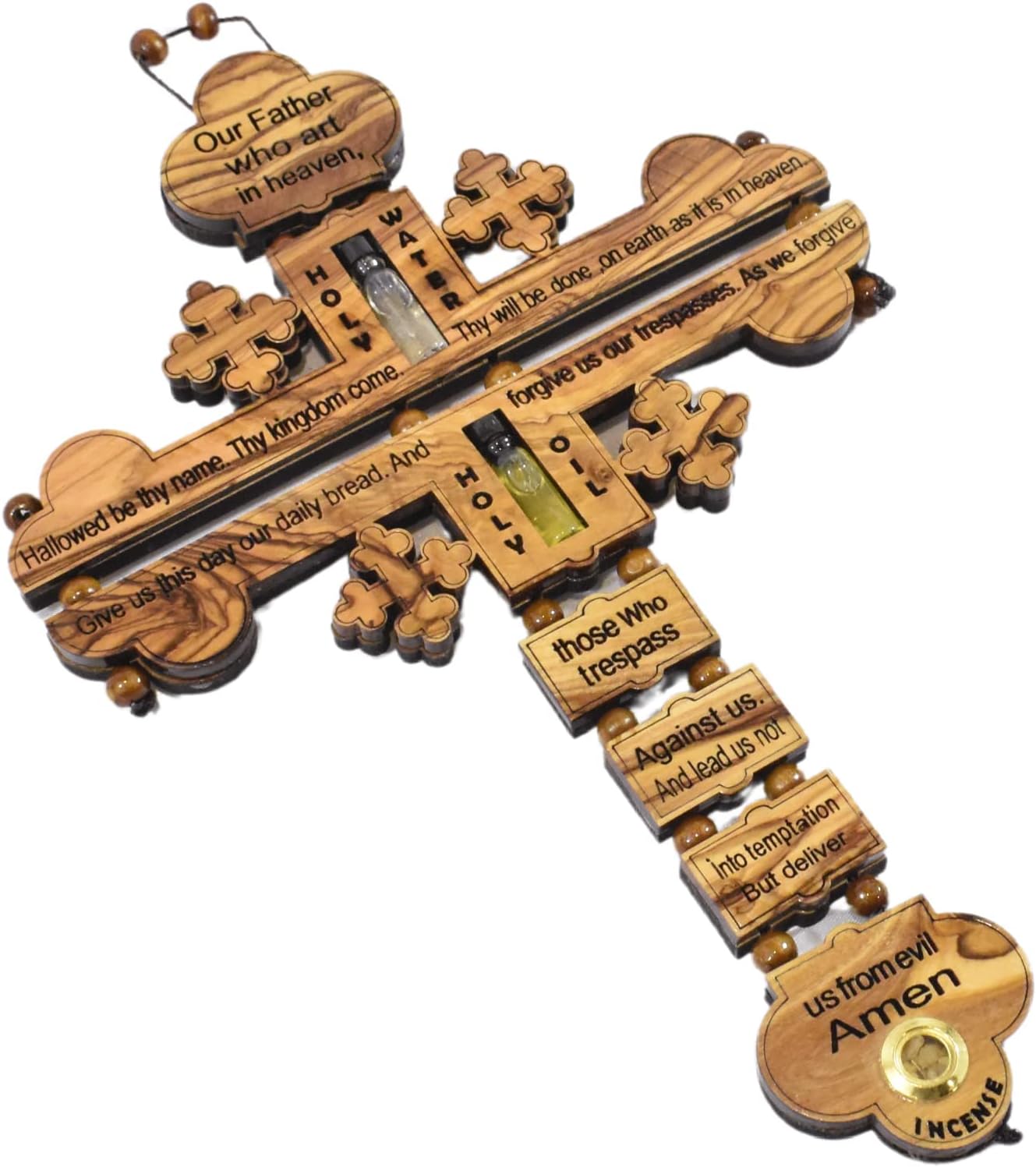 SAINT MICHAEL OLIVE WOOD FROM BETHLEHEM The Lord Prayer Our Father Prayer Wooden Wall Cross - Wall Hanging Religious Décor with The Lord's Prayer Cross, with Holy Water, Holy Oil