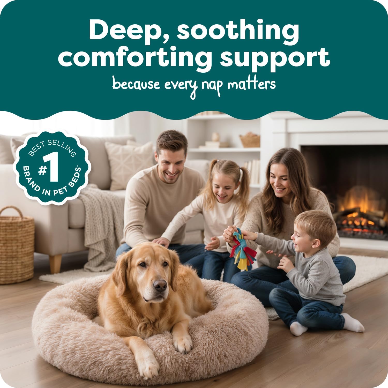 Furhaven 45" Round Calming Donut Dog Bed for Large Dogs, Refillable w/ Removable Washable Cover, For Dogs Up to 90 lbs - Shaggy Plush Long Faux Fur Donut Bed - Taupe, Jumbo/XL