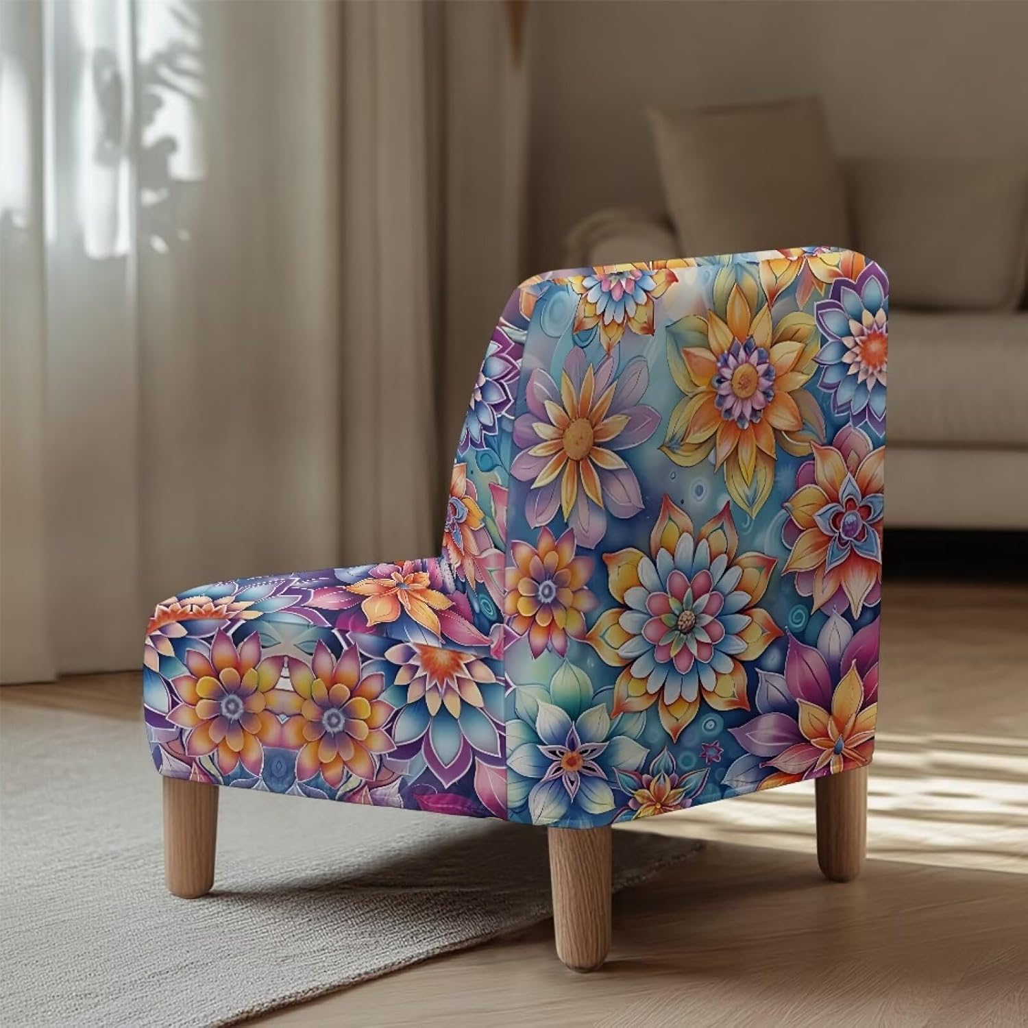 Armless Accent Slipper Chair Cover Boho Flower Slipcover Wear Resistant Furniture Protector Removable Wingback Chair Slipcover for Home Office Hotel Home Decor
