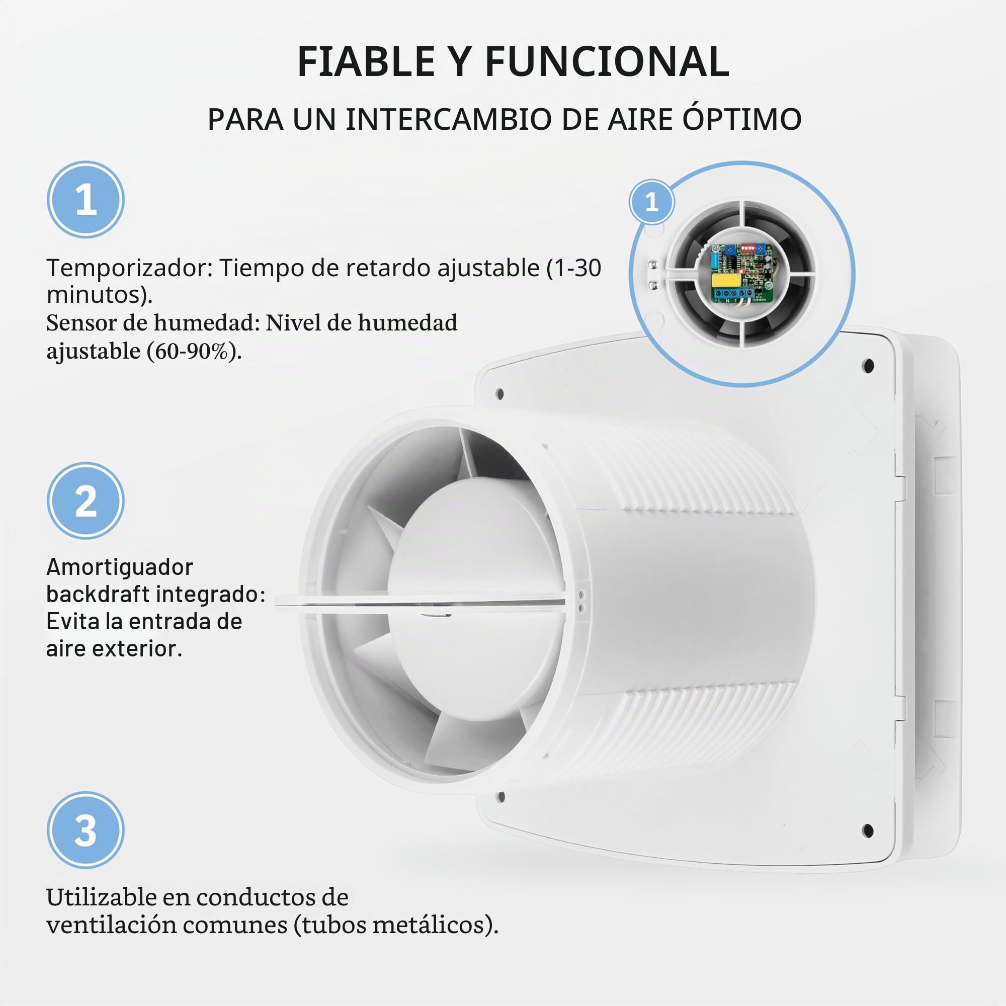 BREEZE Ventilador de Baño 100mm Con Rebosadero y válvula antirretorno, Ventilador de Baño Con Sensor de Humedad, Energéticamente Eficiente, Silencioso, Plástico 12 W, 95m³/h, 32db, Ipx4,
