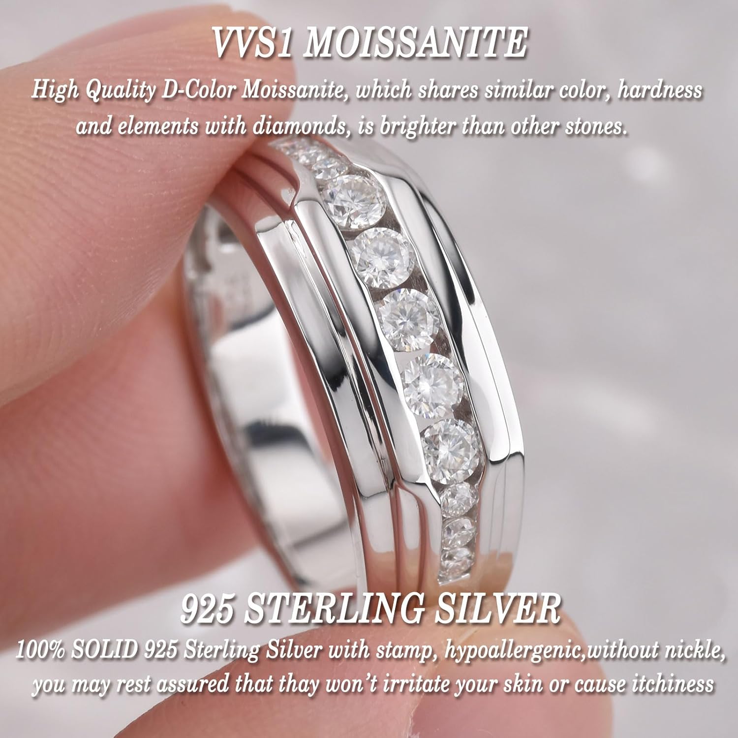 Moissanite Mens Wedding Band D Color VVS1 925 Sterling Silver Engagement Rings Pave Round Eternity Promise Ring Size 7-13 - Image 4