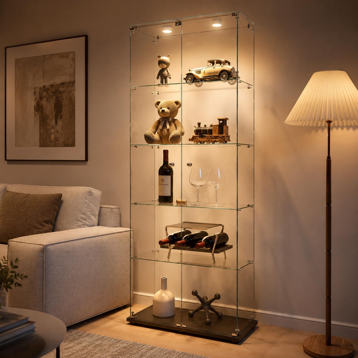 Armario De Exhibición De Vidrio Con 5 Estantes Y 2 Puertas, Vitrina De Pie Con Luces LED, Adecuado Para Sala De Estar, Dormitorio Y Oficinas