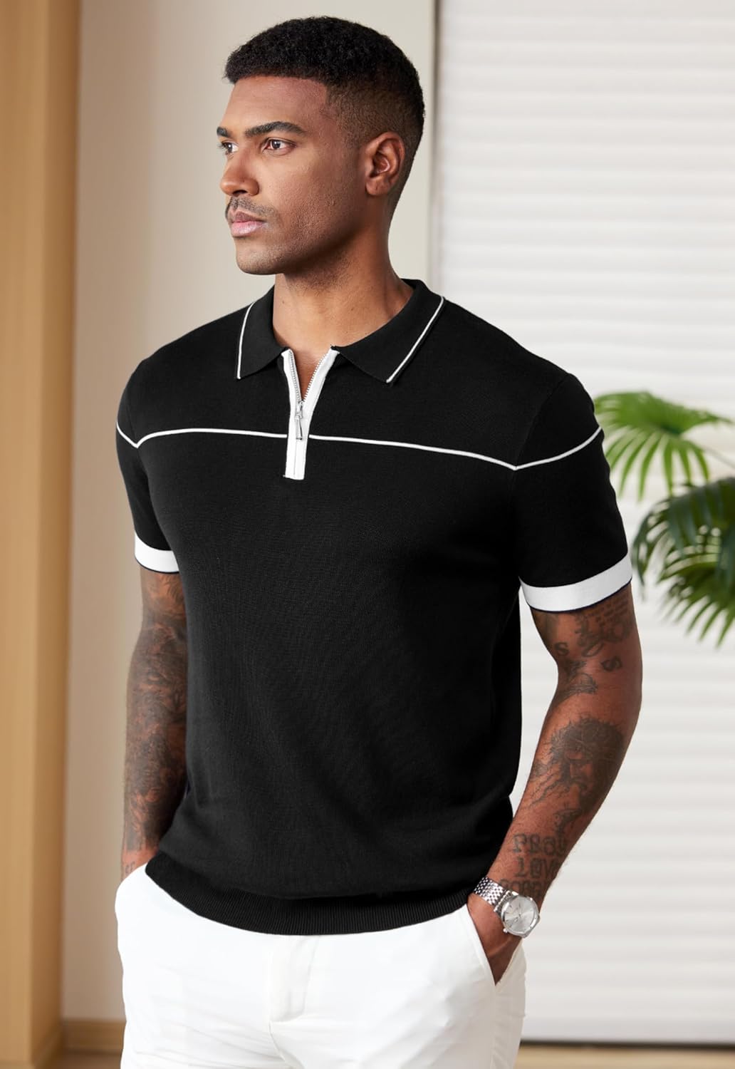 Men Quarter Zip Lyocell Knit Polo Dress Collared Stripe Shirts(S-XXL)