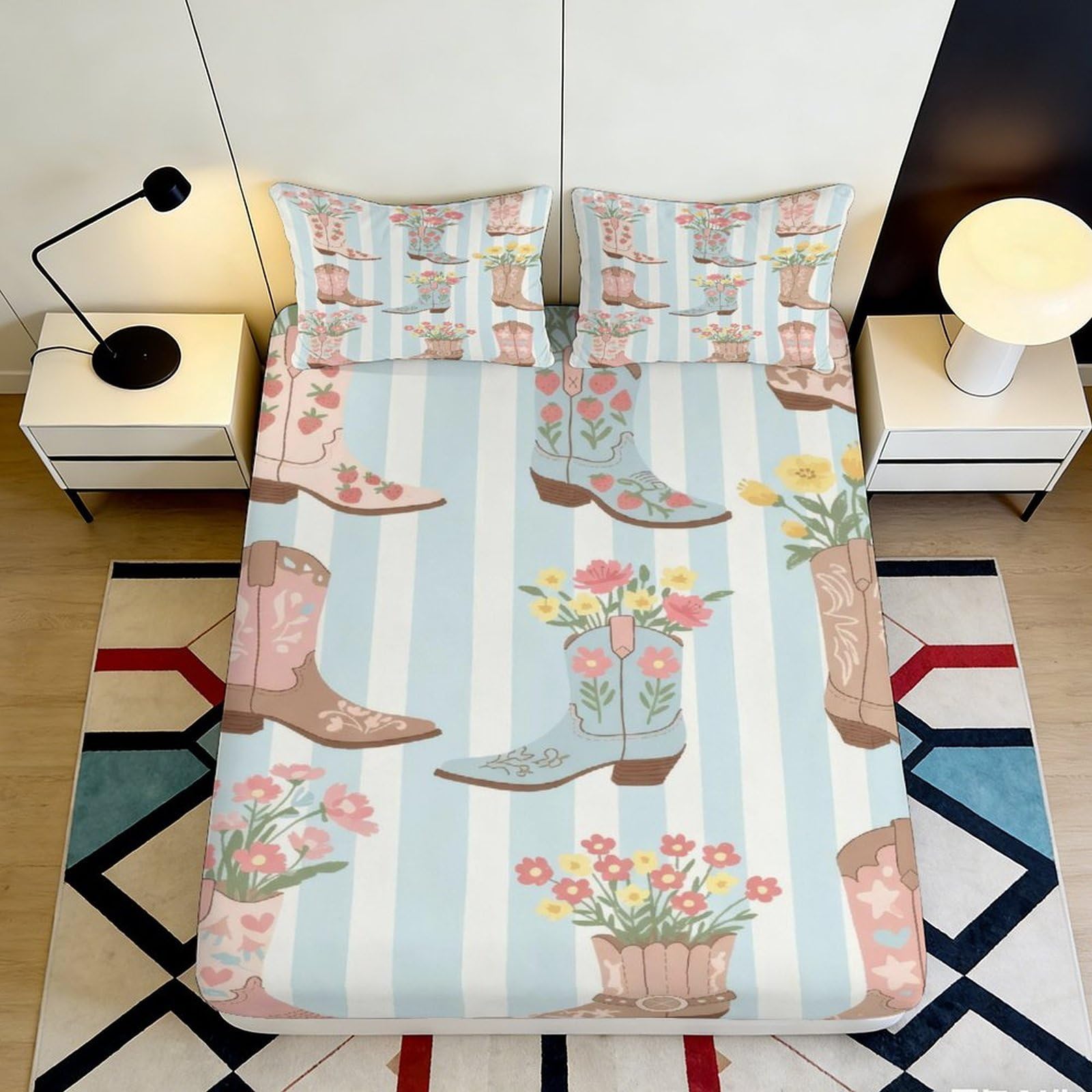 3D Printed Cowboy Boots Fitted Sheet Microfiber Floral Western Bed Cover for Bedroom Guest Room Dustproof Easy Care 90x200x25cm