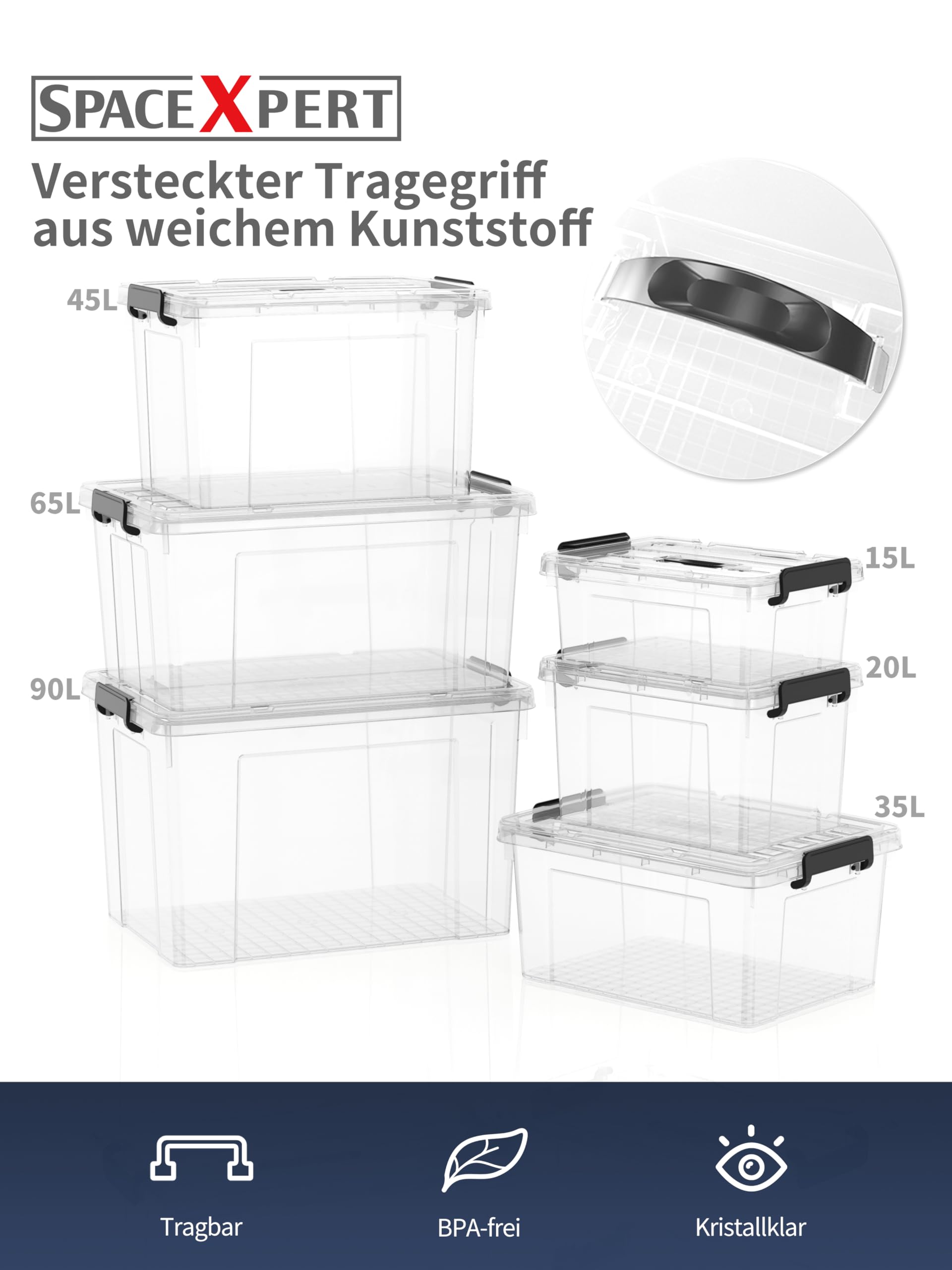 Scatole Portaoggetti, Casse di stoccaggio 90L, Contenitori in Plastica con Coperchio e Maniglia, Trasparente, Impilabile, Facile da Trasportare, per Casa, Ufficio e Garage, 90L, Set di 4