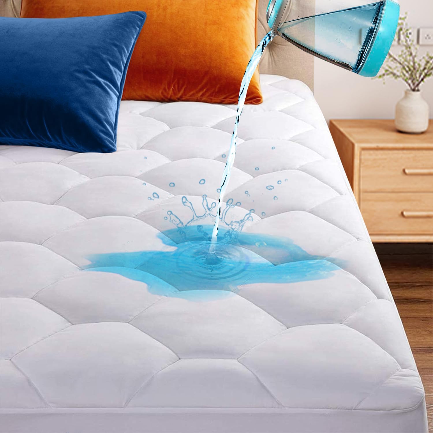 Softhour California King Quilted Waterproof Mattress Pad, Soft Mattress Pad Cover, Waterproof Mattress Protector Stretches up to 21” Deep Pocket-Hollow Alternative Filling-Cooling Mattress Topper