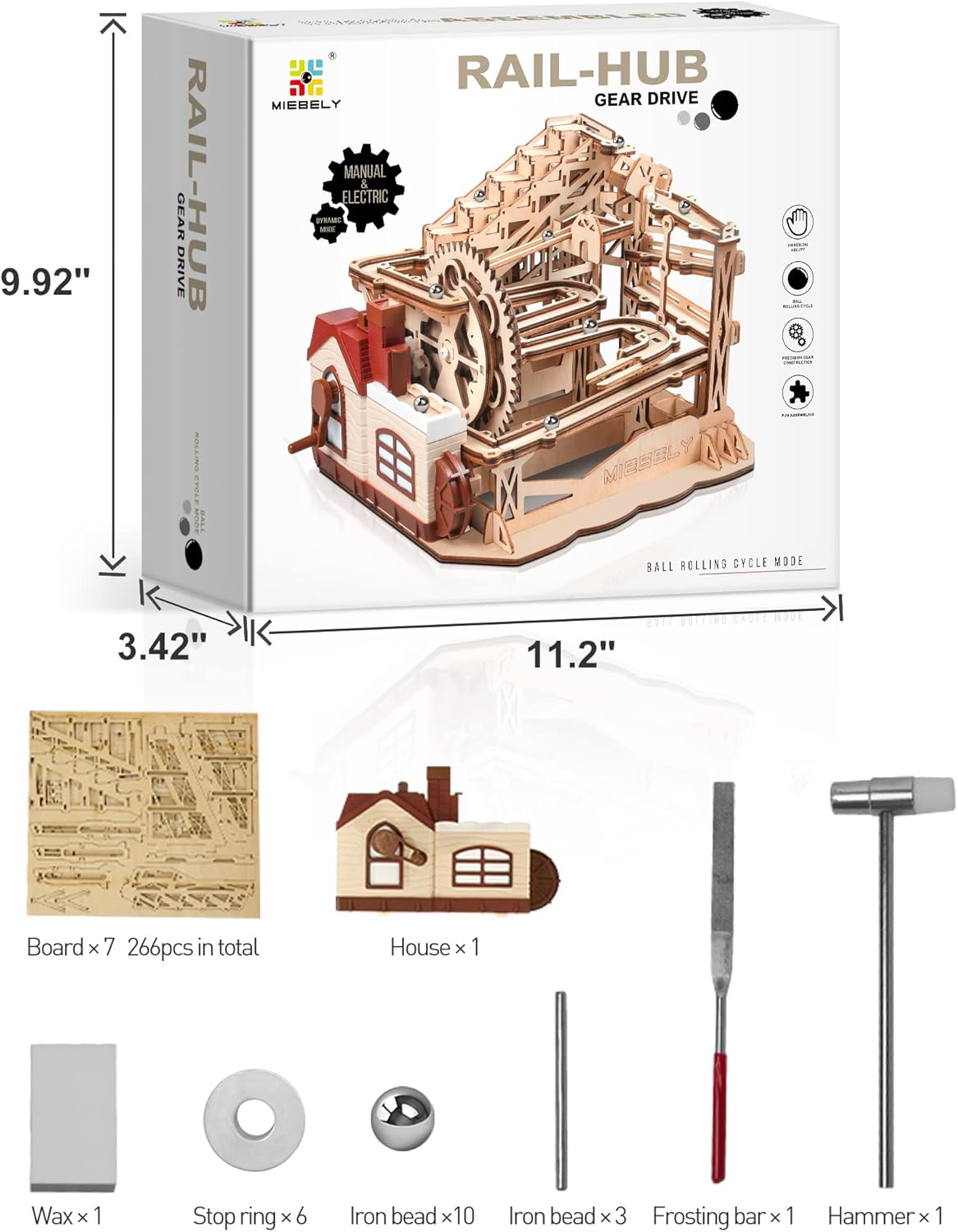 Contents of the MIEBELY 3D Wooden Marble Run Model Kit box