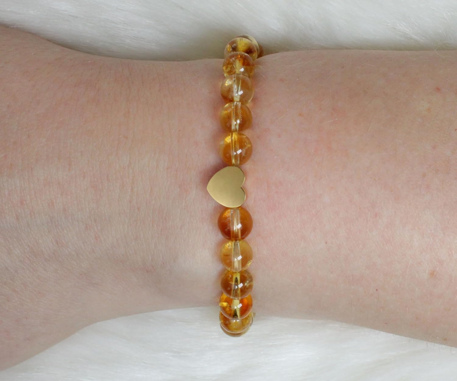 Bracelet en citrine véritable pierre précieuse avec perles rondes de 6mm et cœur en acier inoxydable - différentes longueurs - bracelet en pierres précieuses porte-bonheur talisman cadeau — image 3