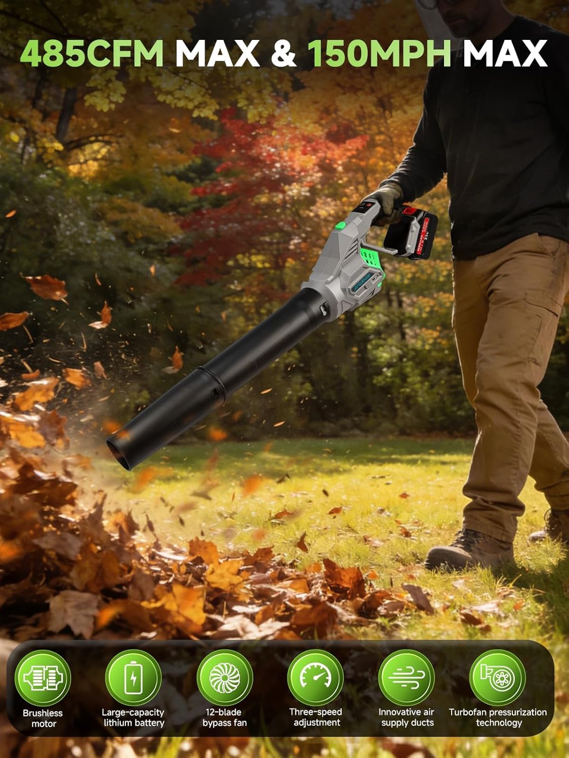 Leaf Blower Electric Cordless Leaf Blower with 2 * 21V Batteries and Charger, 4 Speed Mode, Lightweight Leaf Blowers for Blowing Leaves, Lawn Care, Patio Cleaning and Dust