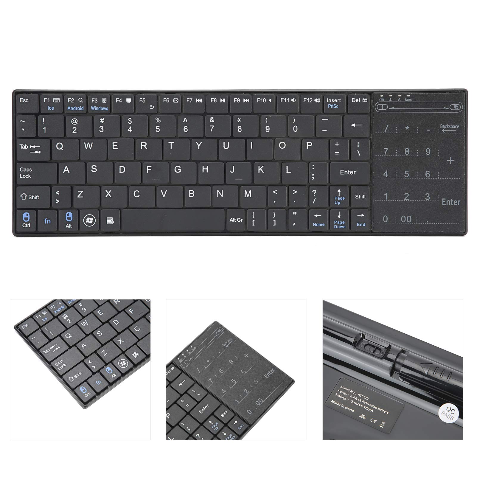 Tastiera Wireless con Touchpad Ultra Sottile Bluetooth 3.0 88 Tasti Compatibile con Android OS X iOS Nera KB709