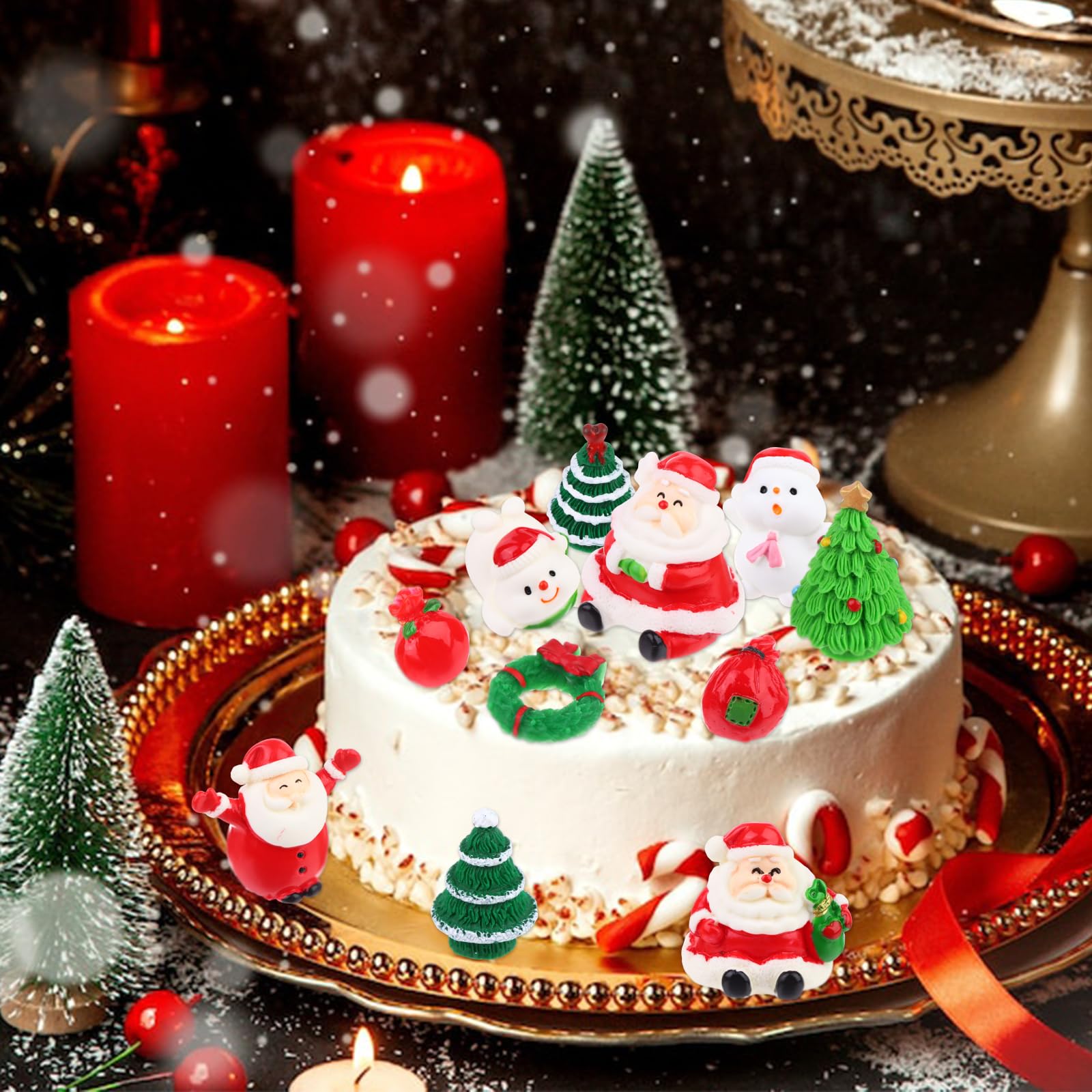 Peerless 48Pcs Christmas Miniature Figurines Christmas Desktop Decor Xmas Resin Ornaments Mini Crafts Resin Santa Claus Snowman Elk Christmas Tree Bell Red Hat Socks Xmas Tree Ornaments Kit - Image 3