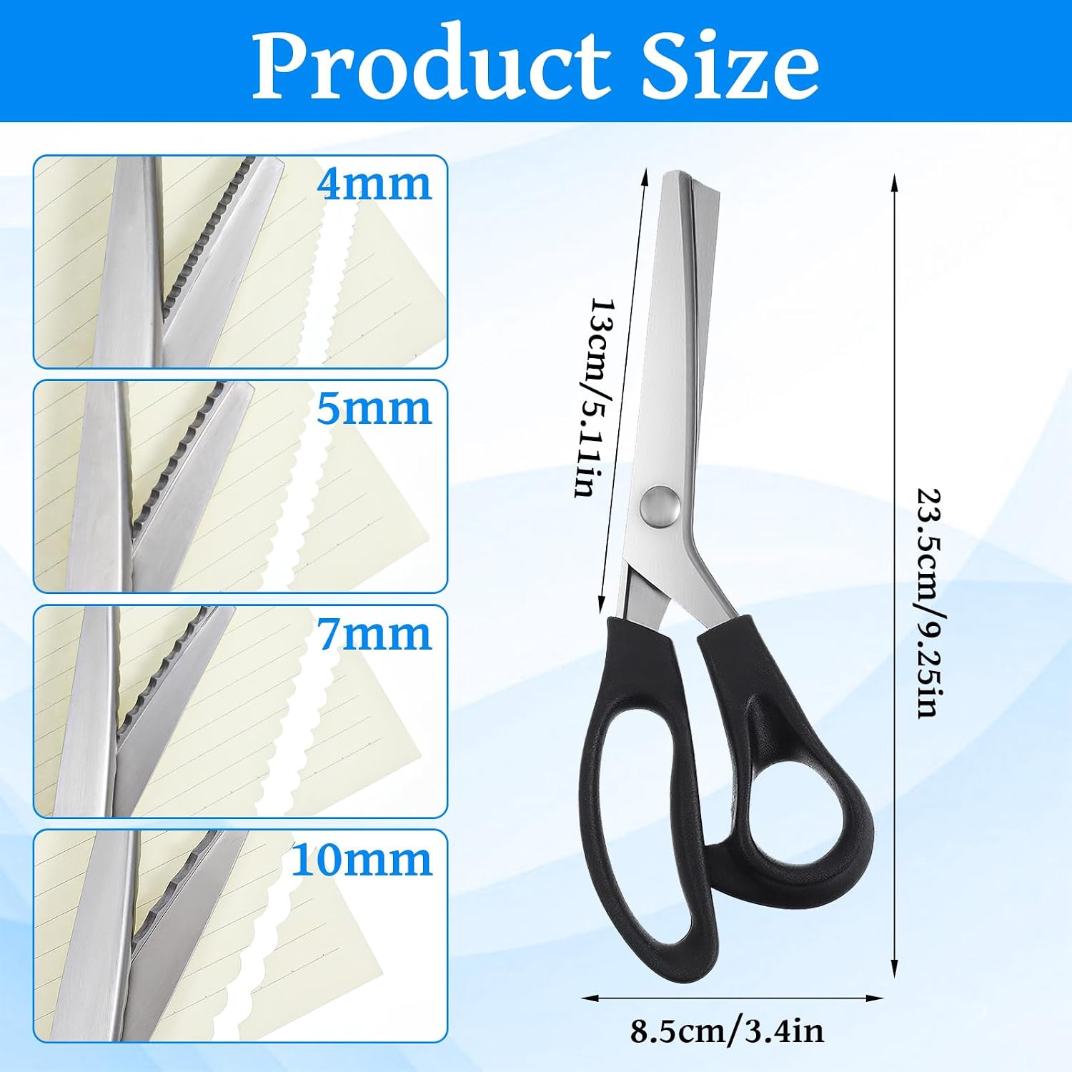 4 Pcs Pinking Shears Scissors for Fabric Cutting Scalloped 4mm/5mm/7mm/10mm, Felt Craft Scissors Zig Zag Cut Sewing 9.2" Handheld Jagged Dressmaking Supply for Leather Clothing Paper