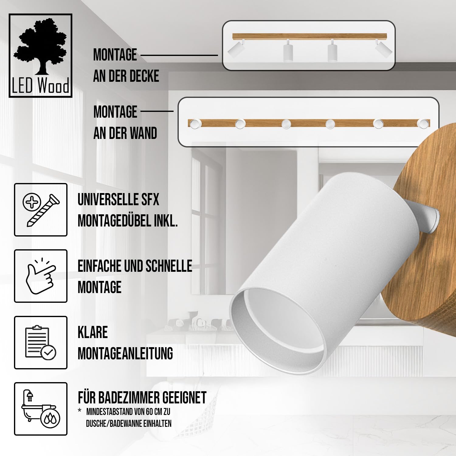 LED Wood Deckenstrahler 3 Flammig Schwenkbar - Handgefertigte Spots Deckenleuchte Modern aus Eiche - Strahler Deckenlampe Holz - GU10 Spotlight Lampe Wohnzimmer (Ohne Glühbirne) - Länge 60 Cm