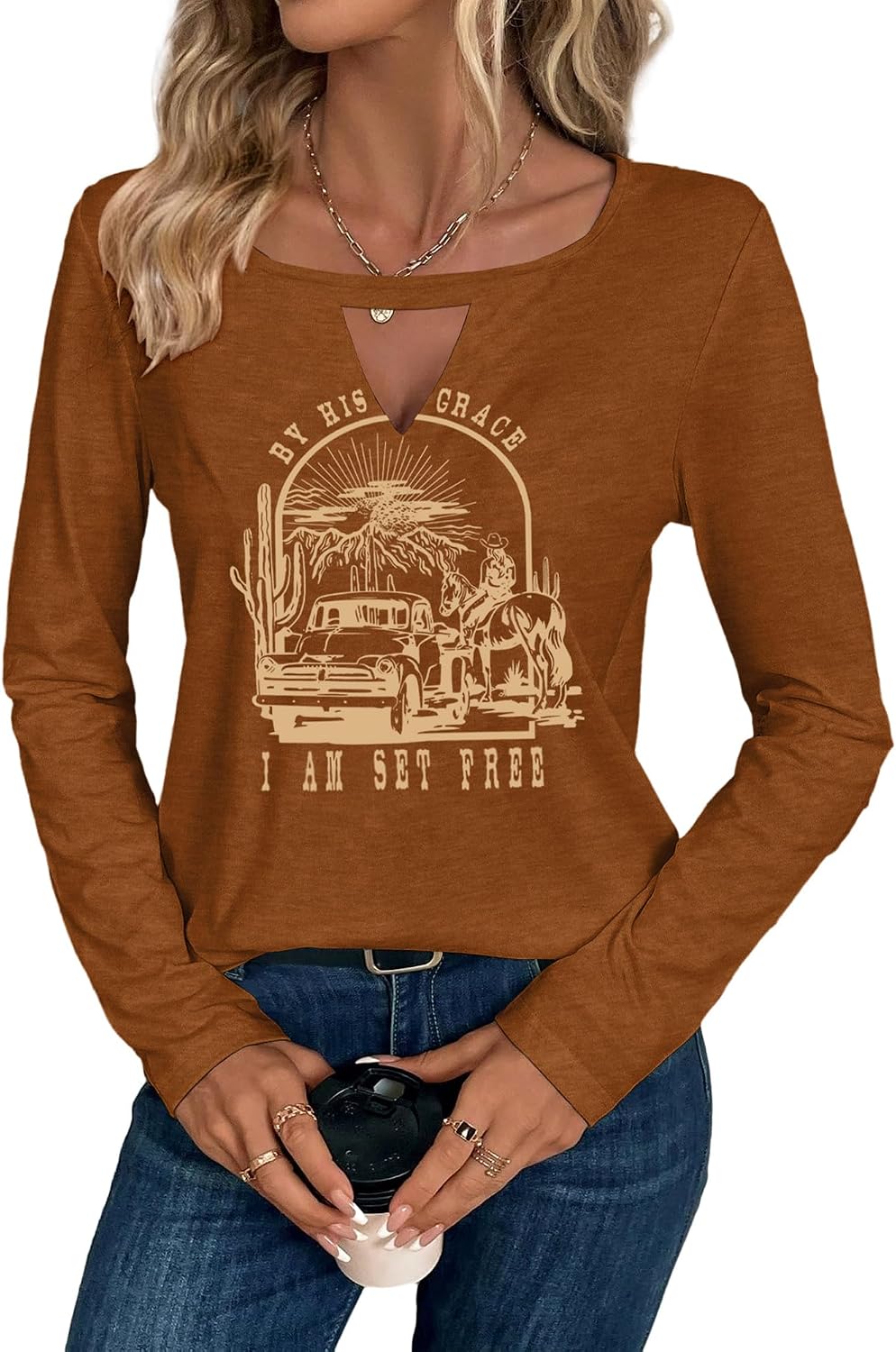 Binshre Cowboy Chic Keyhole Sexy V Neck Country Concert Tops for Women Vintage Western Rodeo Cowgirl Shirts Casual Long Sleeve Graphic Tees