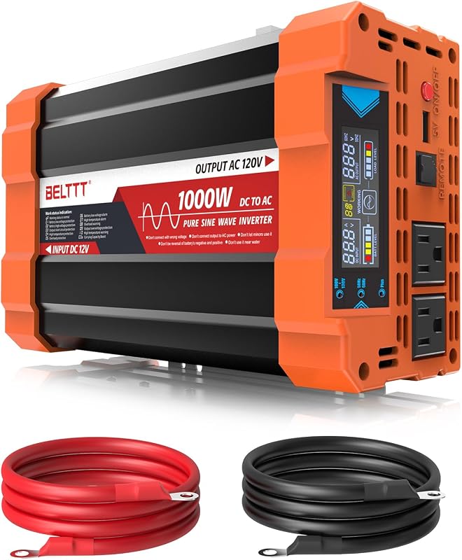Inversor de onda sinusoidal pura de 1000 vatios de 12 V CC a 120 V CA, pico de 2000 W | Pantalla LCD, salidas de CA duales, USB de 5 V 2,1 A, inversor de corriente para vehículos recreativos, camiones, inversor solar fuera de la red convertidor de 12 V a 110 V