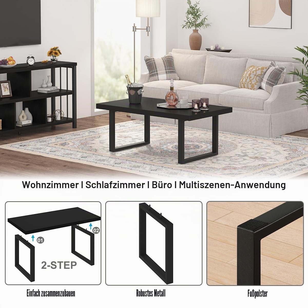 IBF Couchtisch Schwarzer Moderner Industrieller Wohnzimmertisch Minimalistischer Mitteltisch Schlichter Rechteckiger Holz und Metall Cocktail Couchtisch für Wohnzimmer Zuhause Schlafzimmer Büro