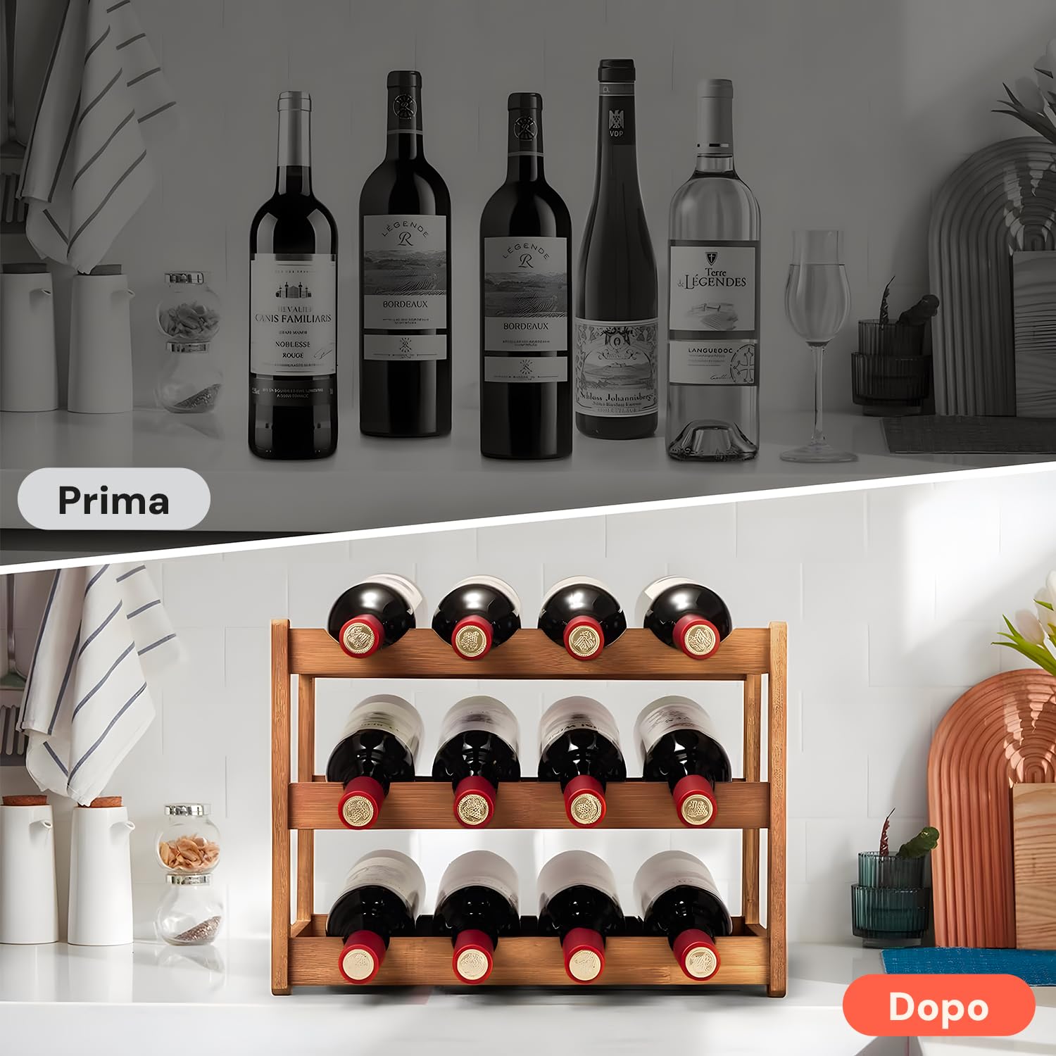 AviliaHome Portabottiglie Vino in Bambù 12 Bottiglie - 3 Ripiani Salvaspazio & Design Ecologico, Compatto 42x21x28cm- Montaggio Facile & Veloce - Perfetto per Cucina, Cantina, Soggiorno