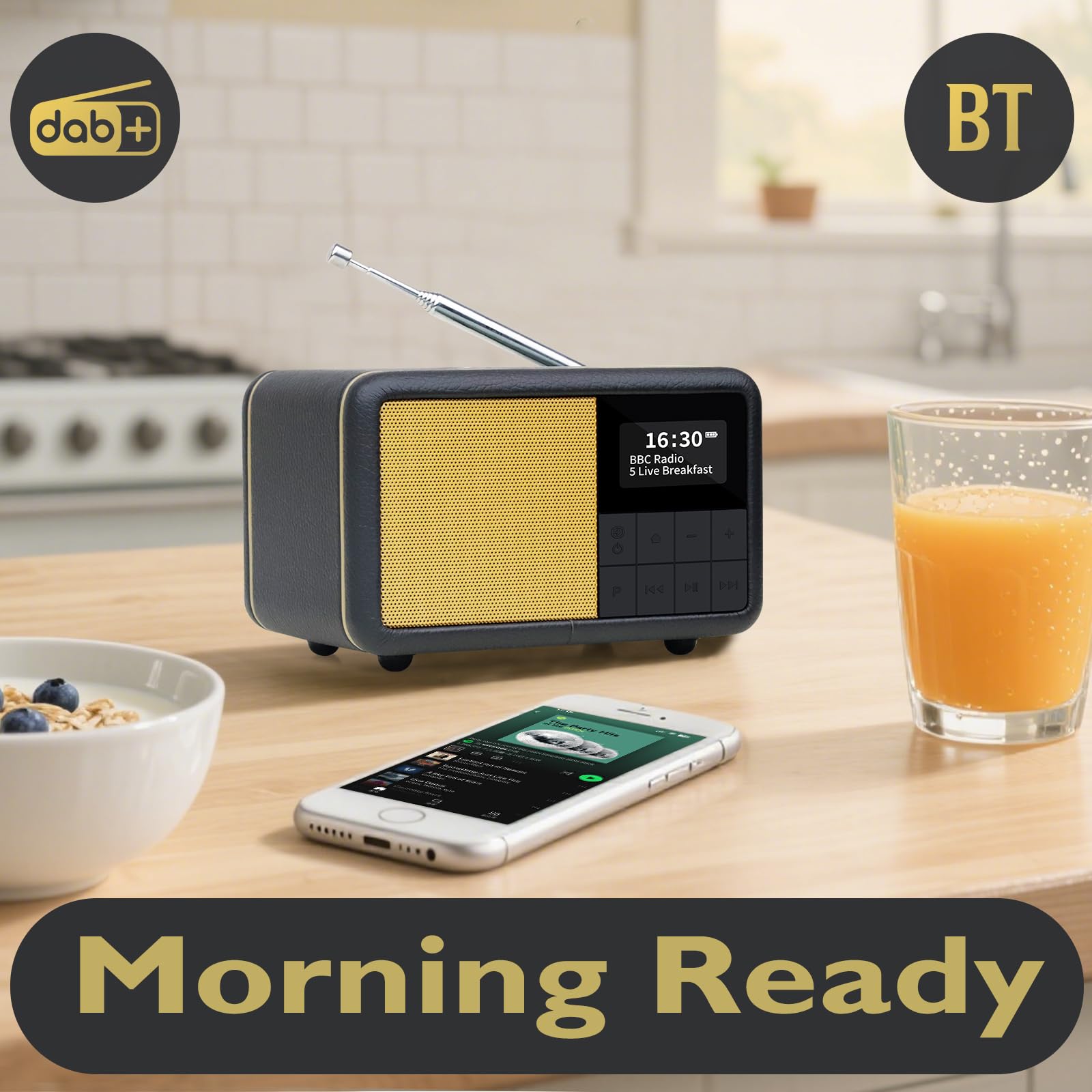 LEMEGA CR7 Mini Radio DAB+ Portatile Bluetooth 12h Autonomia FM IPX4 Impermeabile Custodia Legno Pelle Sveglia Sleep Timer 40